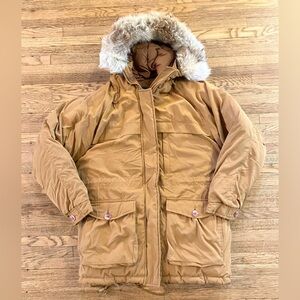Cabela’s Goose Down Parka Coat Coyote Trim Brown S